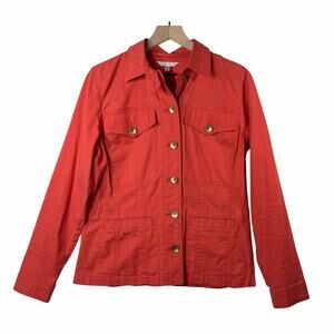 Cabi Red Orange Ruffle Back Utility Jacket Gold Buttons Women's size M
